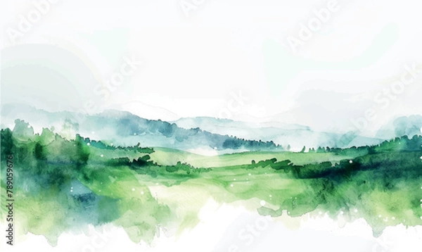 Fototapeta watercolor illustration background landscape with grass and mountains