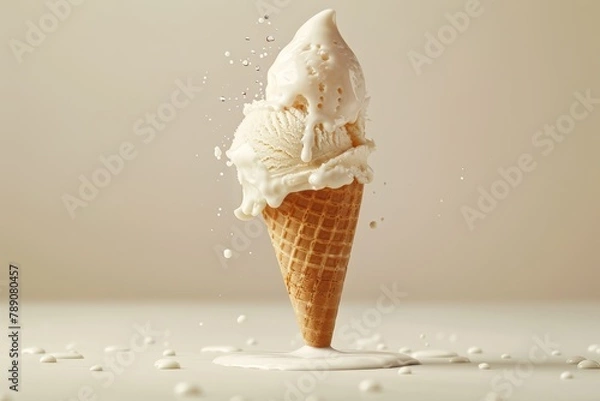 Fototapeta A perfectly scooped ice cream cone balanced precariously on its edge, about to melt and fall