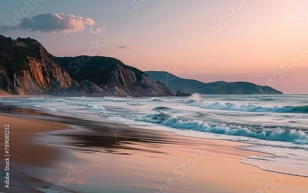 Fototapeta Pastel Sunset Over Sea Waves at the Beach - Relaxation, Nature's Beauty, Holiday Mood, Leisure Background, Vacation Vibes