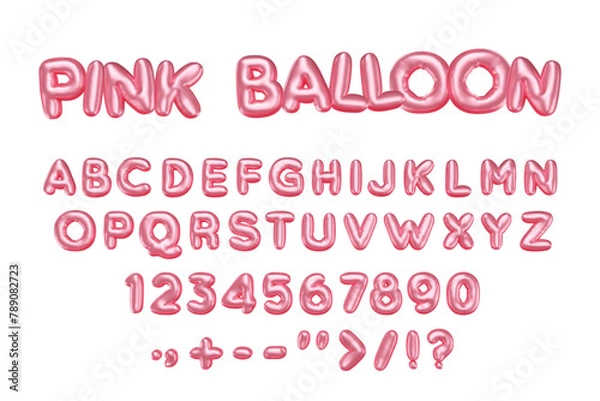 Fototapeta Pink 3d balloon font. Inflated English alphabet. Shiny isolated letters, numbers and symbols with metallic effect. Bubble helium typeset, Vector cartoon illustration, realistic render.