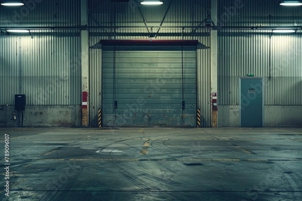 Fototapeta Empty warehouse interior with large windows. with roller shutter door and concrete floor. Industrial background