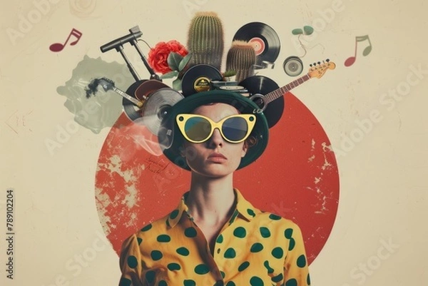 Obraz surreal portrait in a pop collage style, a woman 1960s vibes, with a elegant blouse with polka dots,  like vynils and guitars  like a hat, retro vinyls,  female creativity