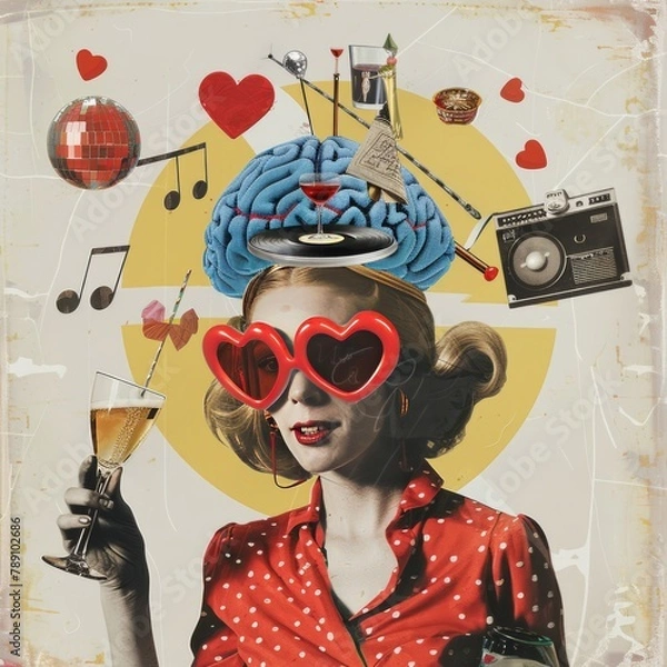 Fototapeta surreal portrait  in  a pop collage style, a woman 1950s vibes, with a red blouse with white polka dots, a blue brain like a hat, retro vinyls, red sunglassess and a  cocktail in hand, female creative