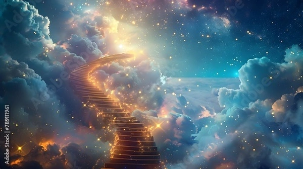 Fototapeta An abstract artistic representation of a staircase spiraling upwards into the sky, blending surreal elements with a sense of infinite possibilities.