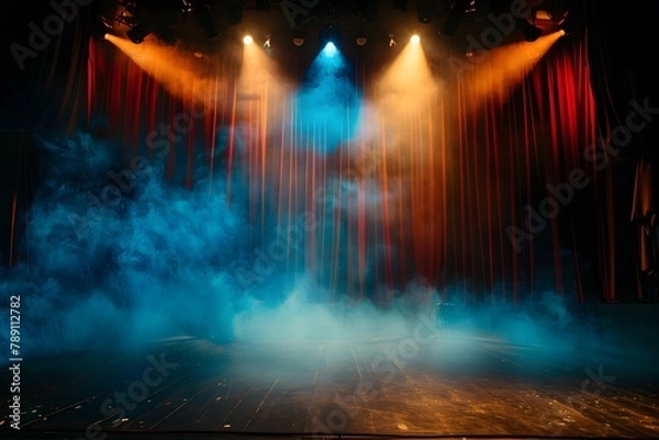 Fototapeta A dramatic theater stage light background, featuring a powerful spotlight illuminating the darkness, creating an atmospheric setting for performances and presentations.