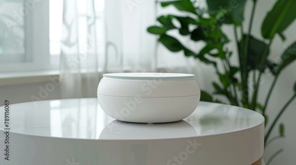 Fototapeta Smart home device on a round table in a bright room with lush green plants