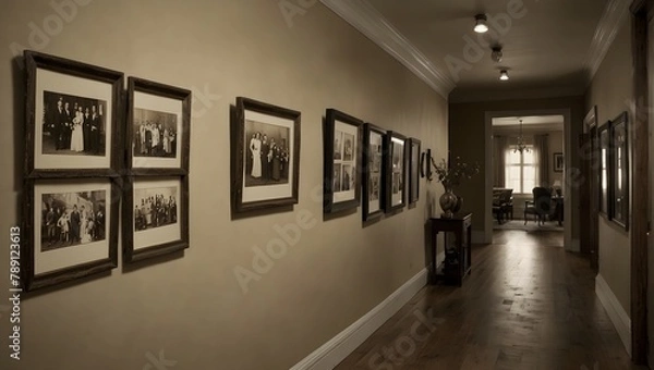 Fototapeta A hallway adorned with a chronological display of framed, historic family photographs in sepia tones Generative AI