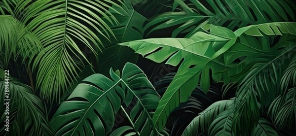 Fototapeta Tropical foliage creating a lush green nature backdrop.