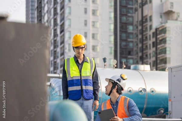 Fototapeta HVAC Engineer Coaching a Technician on Site During an Urban Maintenance Project
