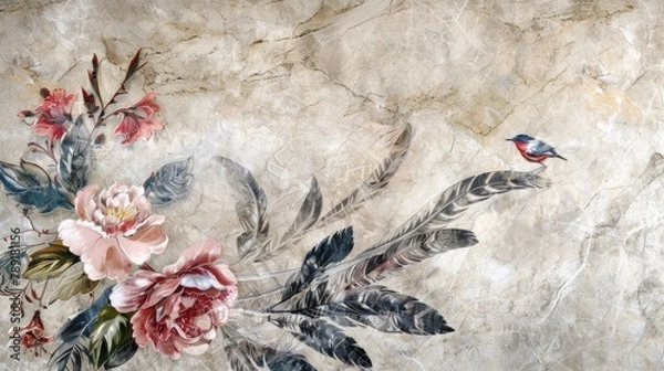 Fototapeta Elegant Marble Wall Art with Feathers and Flowers Arrangement