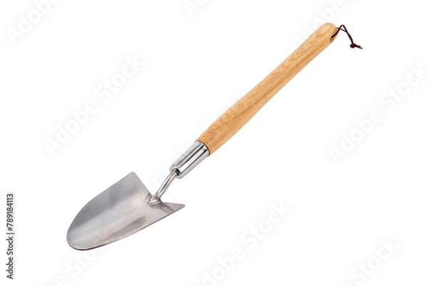 Obraz premium stainless steel gardening shovel spade with brown wooden handle in perspective isolated on white background