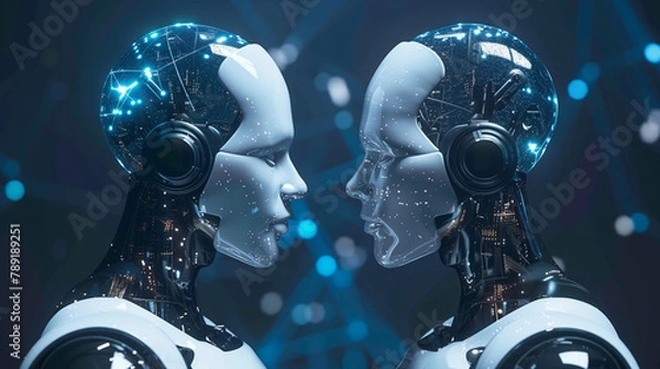 Fototapeta Futuristic humanoid robots with illuminated neural network designs.