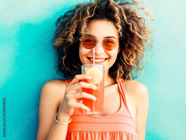 Obraz Young woman drinking detox juice with straw in mouth, leaning against blue wall