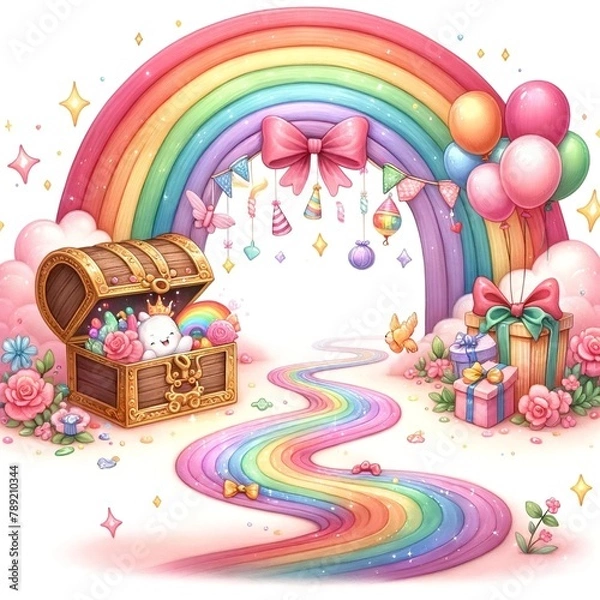 Fototapeta Fantasy Treasure with Rainbow and Balloons Illustration
