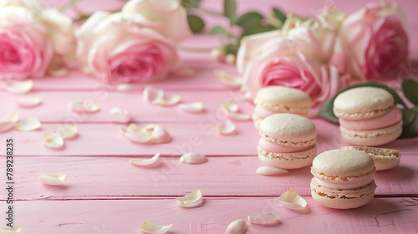 Fototapeta Pink roses and macarons on a wooden table, creating a delicate and charming scene. Delicate pink roses and macarons arranged on a wooden surface.