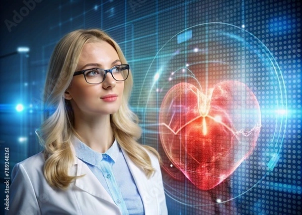 Fototapeta Medicine a young beautiful girl is a cardiologist with glasses in an office with a stethoscope. Red numeric codes in the form of a heart rhythm on a virtual screen. Digital technologies of the future.