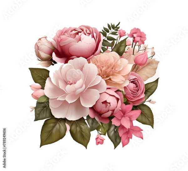 Obraz pink flower bouquet with dusty pink and cream roses, peonies, hydrangeas, and tropical leaves. Spring bouquets isolated on a transparent background