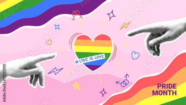 Obraz Pride Month collage concept. Vector illustration of hands reaching out to touch rainbow heart. Collage with cut out paper elements, halftone hands and doodles for decoration of LGBT events.