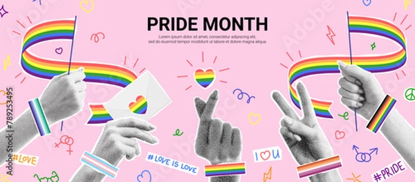 Obraz Festive collage for Pride Month. Vector illustration with halftone hands holding flags and shows different gestures. Collage with cut out paper elements for decoration of LGBT events.