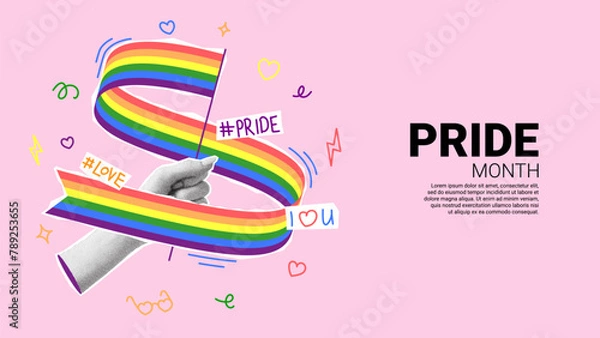 Obraz Concept collage for Pride Month events. Vector banner with halftone hand holding rainbow flag. Collage with cut out paper elements, halftone hand and doodles for decoration of LGBT events.