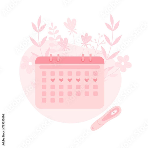 Fototapeta Menstrual Period calendar with floral background and test. Planning pregnancy.  Menstruation woman cycle control