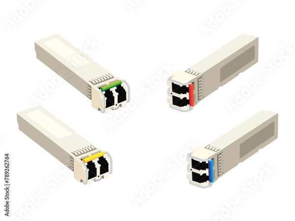 Fototapeta Four SFP Optical Transceiver on white background. Small Form-factor Pluggable.