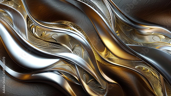 Fototapeta Visual art interpretation: design of gold and silver filigree on a background of smooth, dark leather, creating a sense of opulence and luxury. portrayed with creativity.