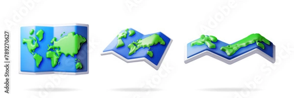 Obraz 3D set of cartoon folded world map isolated. Render collection of world map. Planet icon. Cartography and geography. Earth day, Holiday and travel, GPS location navigation service. Vector Illustration