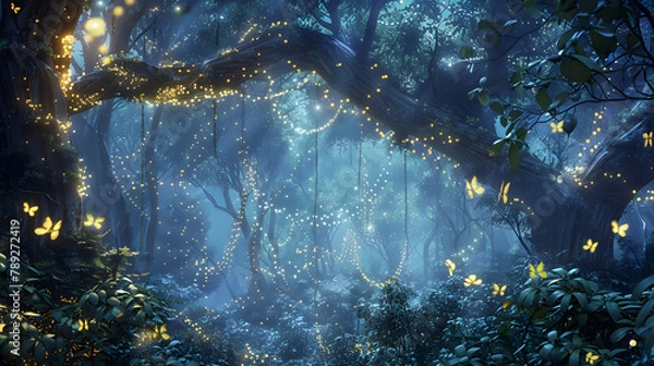 Obraz Surreal Forest Of Swirling Vines And Shimmering Leaves, Bathed In The Ethereal Glow Of A Thousand Fireflies Dancing In The Moonlight