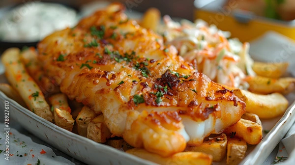 Fototapeta British Traditional Fish and chips with mashed peas, tartar sauce on crumpled paper.