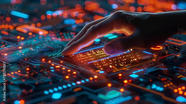 Fototapeta A hand is pointing at a computer screen with a blue background. Concept of technology and innovation, as the hand is interacting with the digital display. The blue and red color scheme adds to the fun
