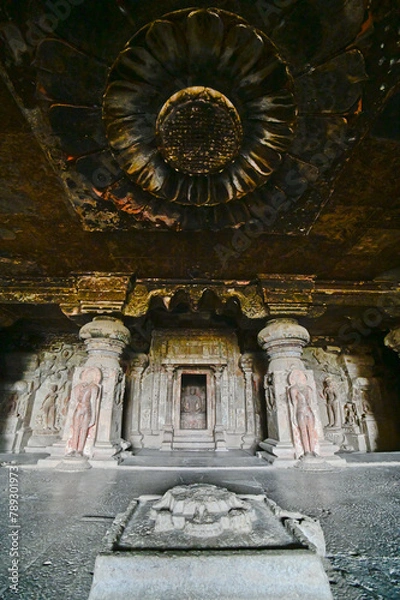 Fototapeta Interior view of one of the Ellora caves depicting the intricate carvings and architecture, India.