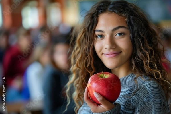 Fototapeta A teenager holds a red apple, symbolizing healthy eating, while attending a school nutrition class. AI