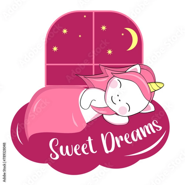 Fototapeta Cute cartoon unicorn sleeps under a blanket against the background of a window with the night sky. Sticker, postcard with an inscription.