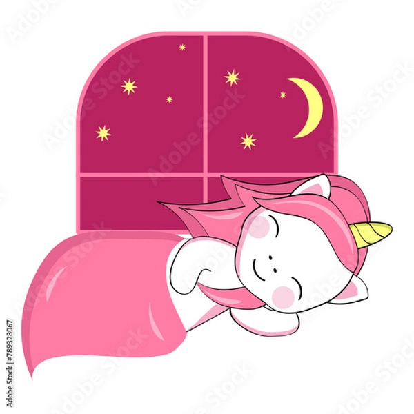 Fototapeta Cute cartoon unicorn sleeps under a blanket against the background of a window with the night sky. Sticker, postcard.
