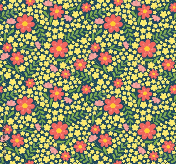 Fototapeta Seamless colorful pattern with cute flowers and leaves. Vector cartoon backdrop in flat style