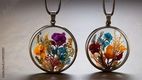 Obraz A circular glass pendant filled with colorful dried flowers, encapsulating nature's beauty in wearable art

