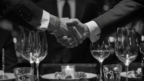 Fototapeta Elegant monochrome image showing two people shaking hands over dinner table with wine glasses, capturing moment of agreement or celebration at elite gathering.