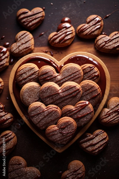 Fototapeta food photo,Nutella-filled cookies arranged in a heart shape. cookbook style, nutella day banner сreated with Generative Ai