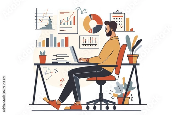 Fototapeta illustration of a man sitting in front of a laptop with charts wall, start-up idea, technological innovations. depicting a digital marketing concept for web design or online advertising