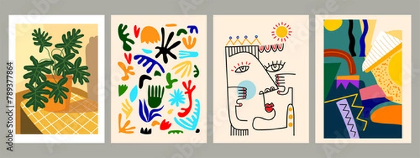 Fototapeta Set of abstract cover background wall art, floral, plant, flower, face portrait, person figure vector illustration. Aesthetic design for art print, decoration and wallpaper.