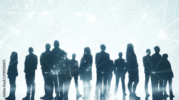 Fototapeta Group of multinational people and digital technology concept. Digital transformation. System engineering.