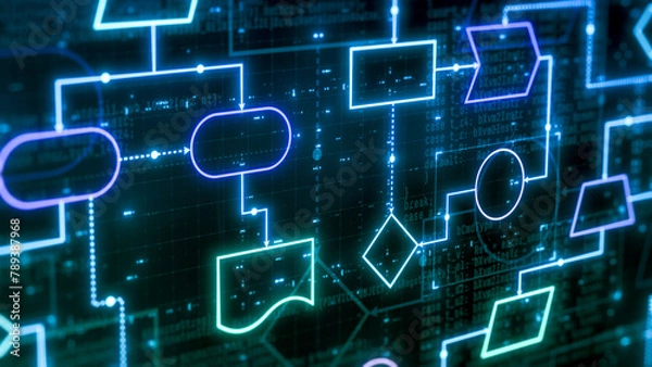 Fototapeta software development flowchart, concept for computer programming, machine learning, visual representation of code flow (3d render)