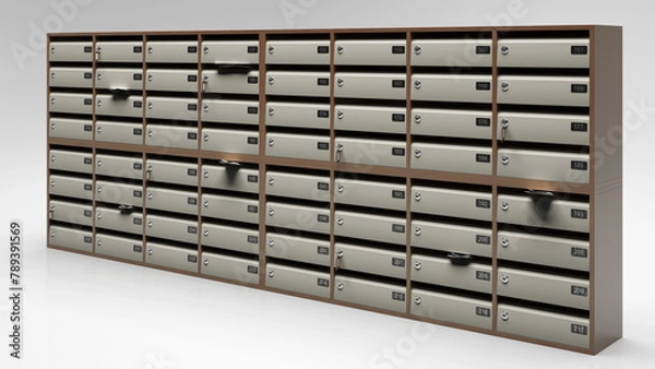 Obraz Condominium mailbox with numerous boxes, isolated on white, 3d rendering, 3d illustration