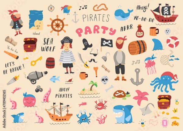 Fototapeta Cute Pirate elements collection. Cartoon sea adventures items set. Vector illustration