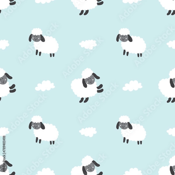 Fototapeta Cute Sheep Seamless Pattern, Cartoon Background vector Illustration