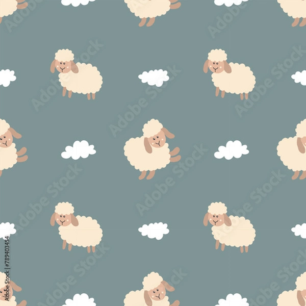 Fototapeta Cute Sheep Seamless Pattern, Cartoon Background vector Illustration