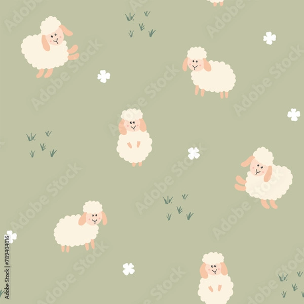 Fototapeta Cute Sheep Seamless Pattern, Cartoon Background vector Illustration