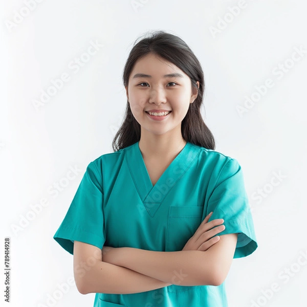 Obraz Asian female midwife stands wearing his professional uniform with crossed arms and a smiling face a blank white background