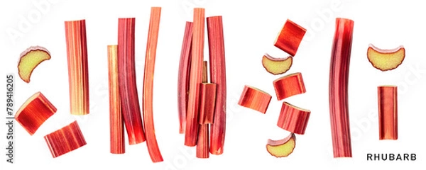 Obraz Raw rhubarb stem and slice isolated. PNG with transparent background. Flat lay. Without shadow.
